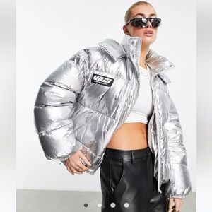 ASOS Weekend Collective oversized silver metallic puffer jacket coat, size 2